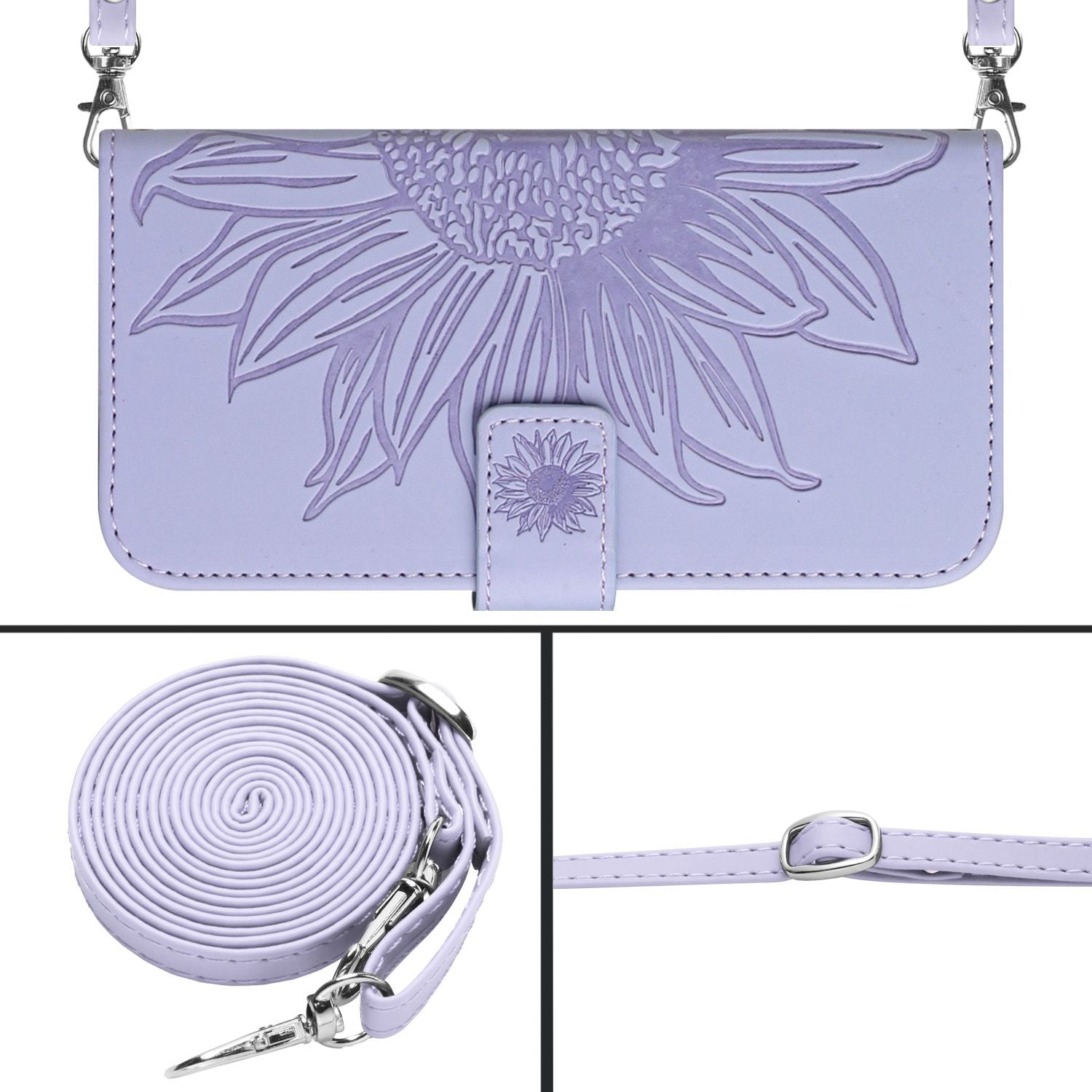 HT04 For ZTE Libero 5G IV Case Sunflower Imprint Phone Wallet Cover with Shoulder Strap - Light Purple HT04 For ZTE Libero 5G IV Case Sunflower Imprint Phone Wallet Cover with Shoulder Strap - Light Purple